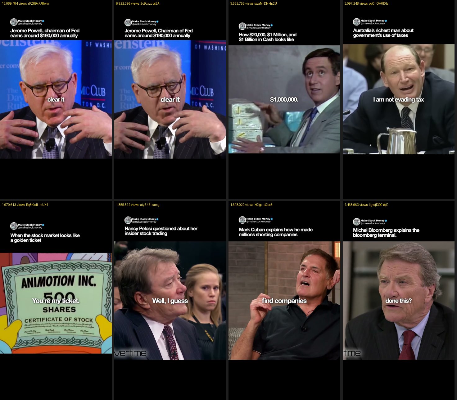 Title cards of the eight most-viewed uploads